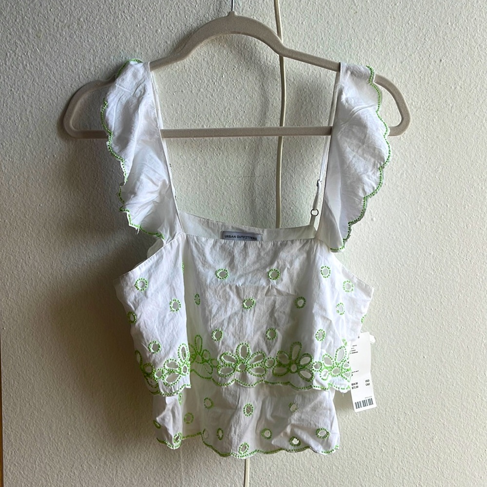 UO White/Green Ruffled tank top